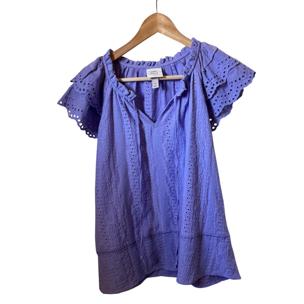 Knox Rose Womens XS Purple Eyelet Ruffle Short Sleeve V Neck Top Blouse